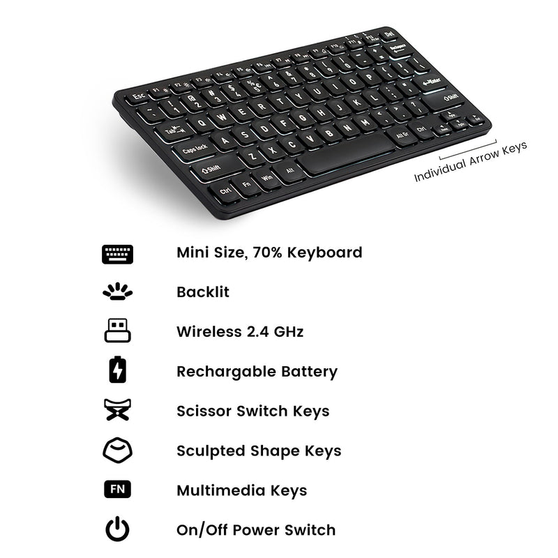 PERIBOARD-732 - Wireless Mini Backlight Rechargeable Scissor Keyboard 70% with Large Print Letters