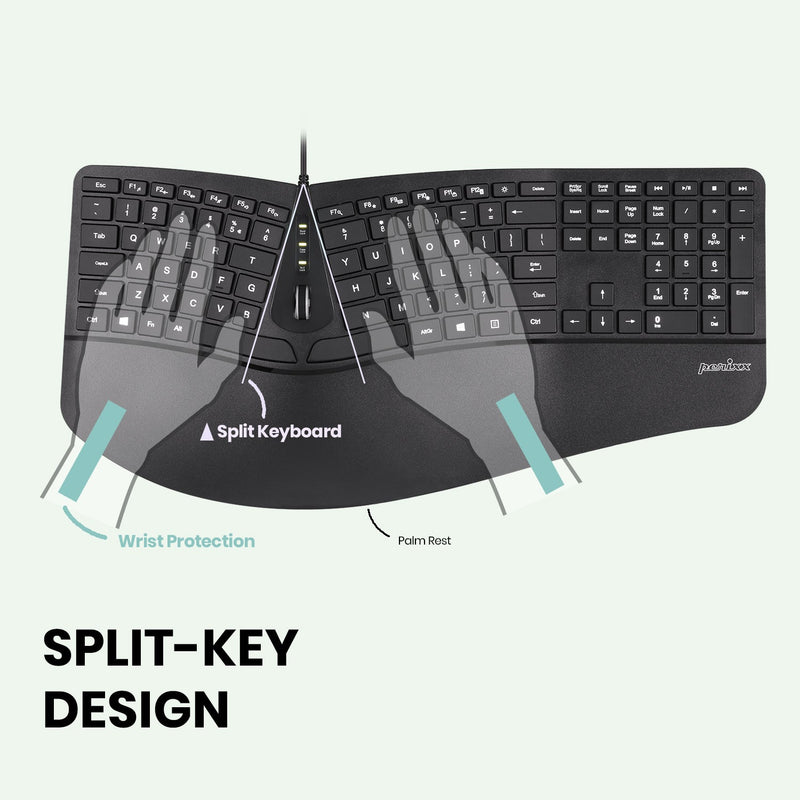 PERIBOARD-330 - Wired Backlit Ergonomic Keyboard with Adjustable Palm Rest in split-key design eases your wrist pain.