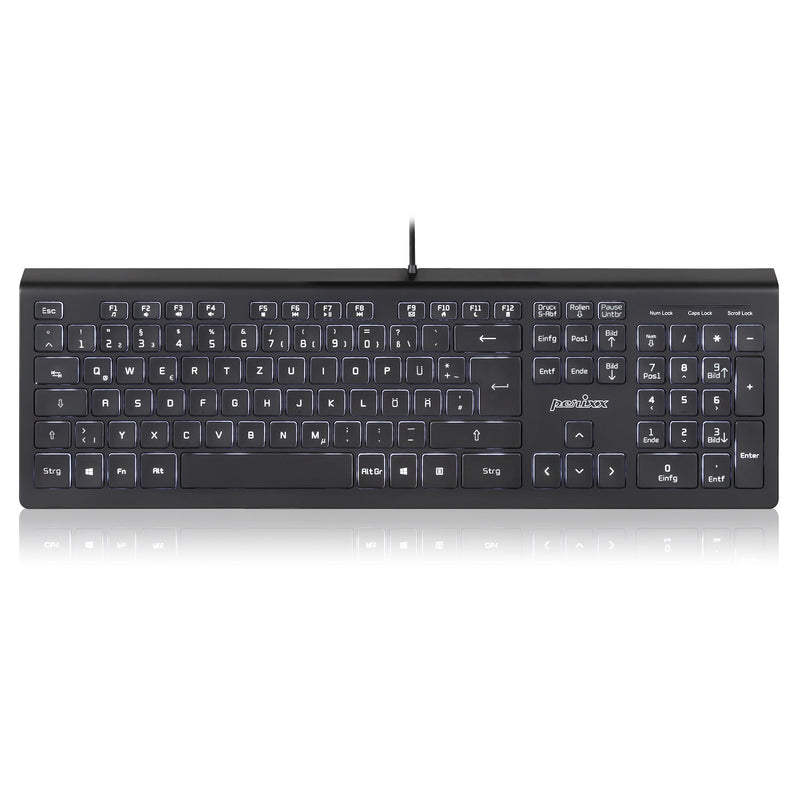 PERIBOARD-324 - Wired Standard Backlit Keyboard Quiet Keys Extra USB Ports in DE layout.
