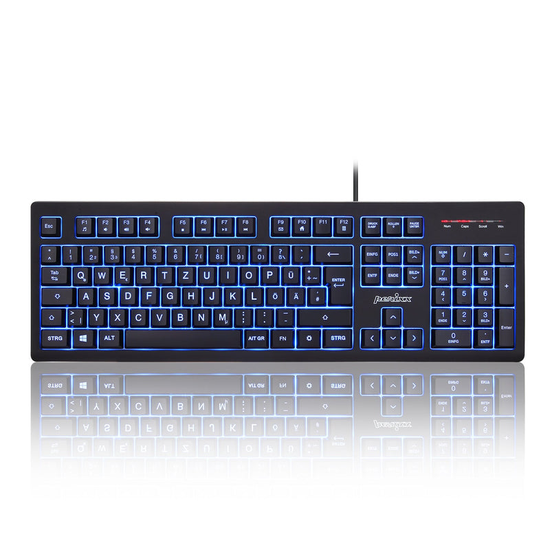 PERIBOARD-329 - Wired Backlit Keyboard Quiet keys with Large Print Letters in blue backlit in DE layout.