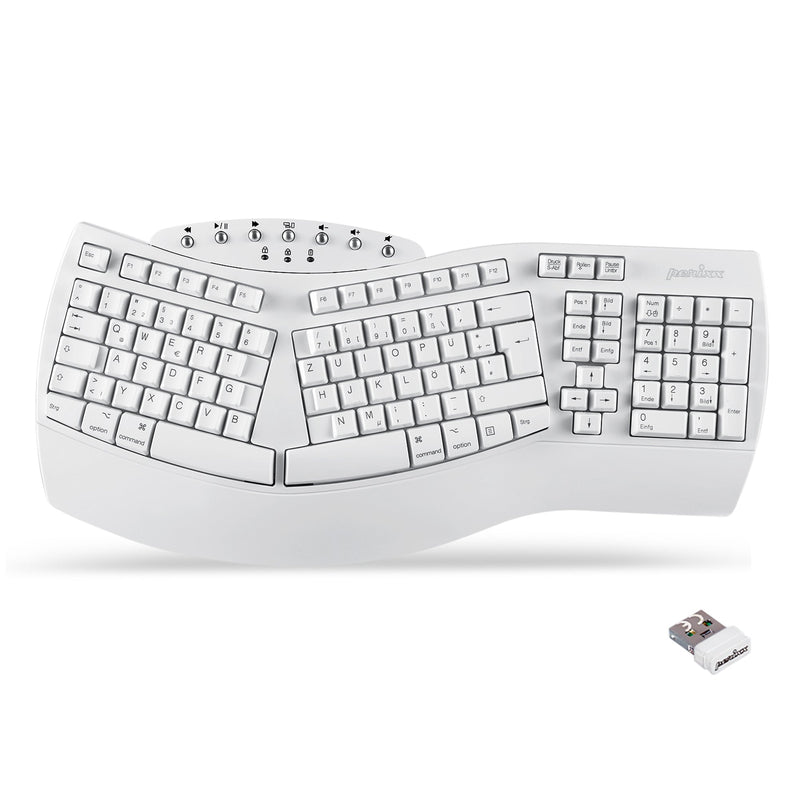 PERIBOARD-612 W - Wireless White Ergonomic Keyboard plus Bluetooth Connection in DE layout.