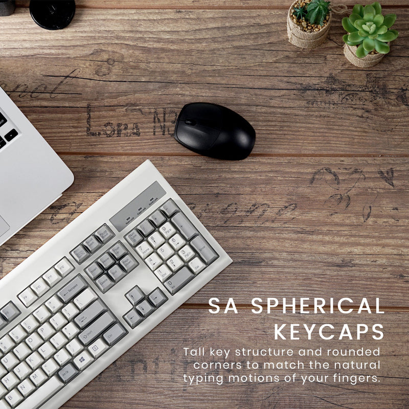PERIBOARD-106 M - Wired Retro Vintage Grey/White Standard Keyboard with SA Spherical keycaps. Tall key structure and rounded corners to match the natural typing motions of your fingers.