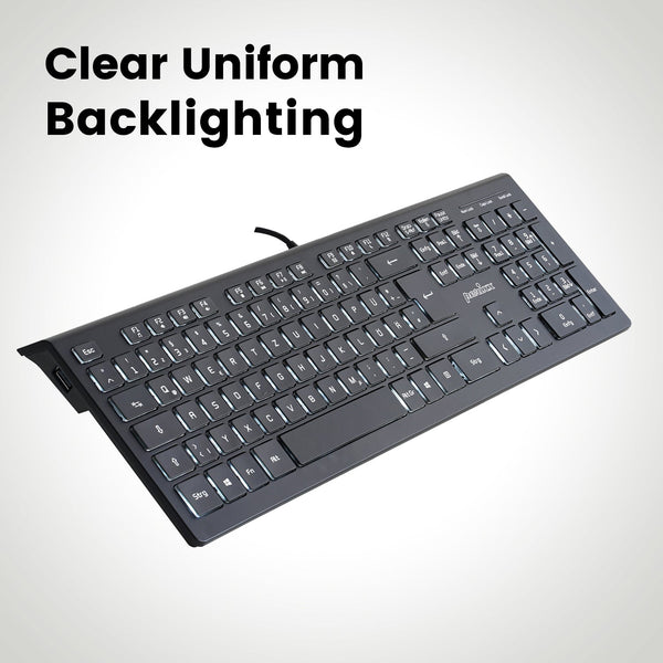 PERIBOARD-324 - Wired Standard Backlit Keyboard Quiet Keys Extra USB Ports. Clear uniform backlighting.