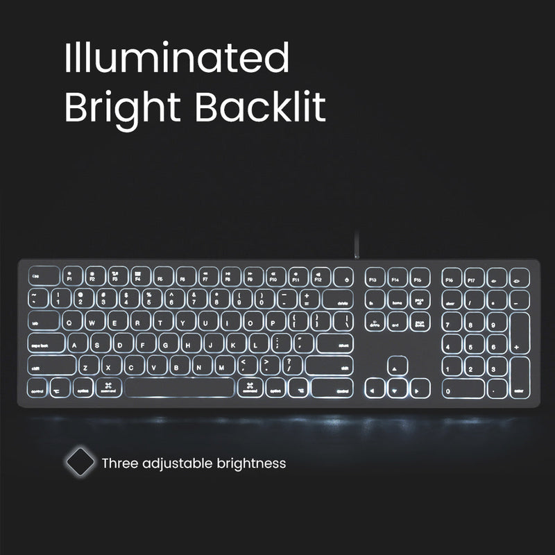 PERIBOARD-325 - Wired Backlit Mac Keyboard Quiet key extra USB ports with no manufacturer mark in white backlit. adjustable 3 level brightness.