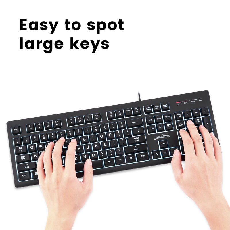 PERIBOARD-329 - Wired Backlit Keyboard Quiet keys with Large Print Letters. Easy to spot the keys.