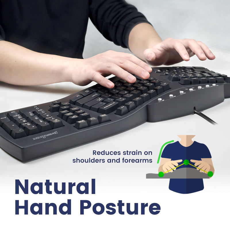 PERIBOARD-512 B - Wired Ergonomic Keyboard 100% reduces strain on shoulders and forearms and promotes a natural hand posture.