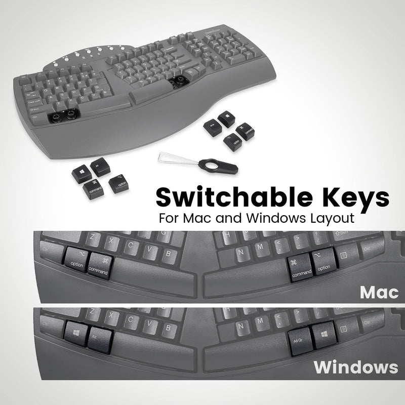PERIBOARD-612 B - Wireless Ergonomic Keyboard plus Bluetooth Connection with switchable keys for Mac and Windows layout.