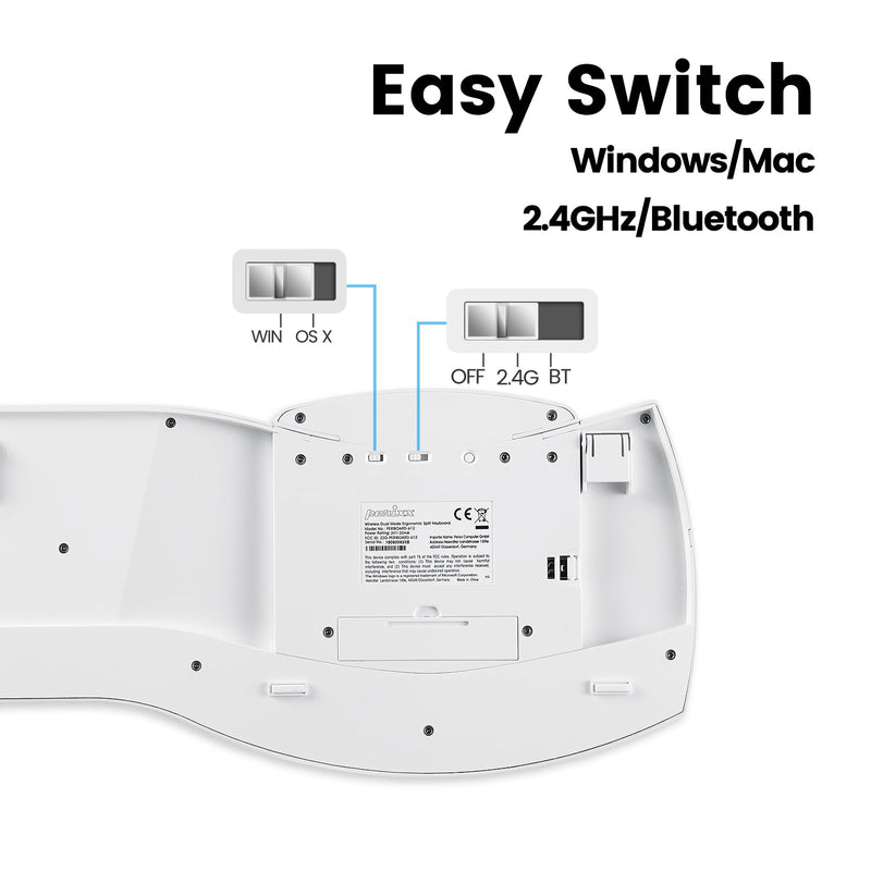 PERIBOARD-612 W - Wireless White Ergonomic Keyboard plus Bluetooth Connection with easy switch between Windows and Mac modes.