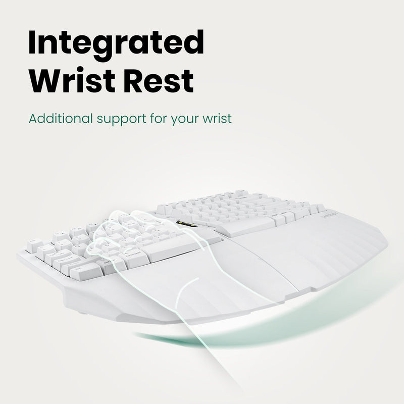 PERIBOARD-613 W - Wireless White Ergonomic Keyboard 75% plus Bluetooth Connection with integrated wrist rest eases your wrist pain.