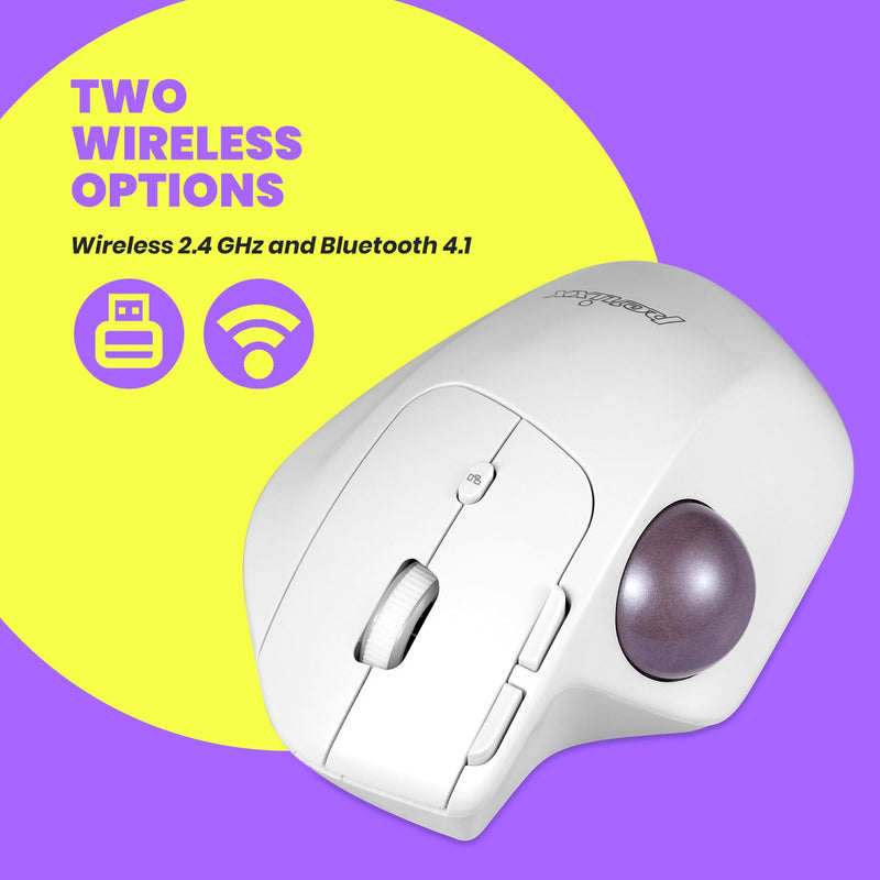 PERIMICE-720 W - Wireless Bluetooth White Ergonomic Vertical Trackball Mouse with 2 wireless options: Wireless 2.4 GHz and bluetooth 4.1.